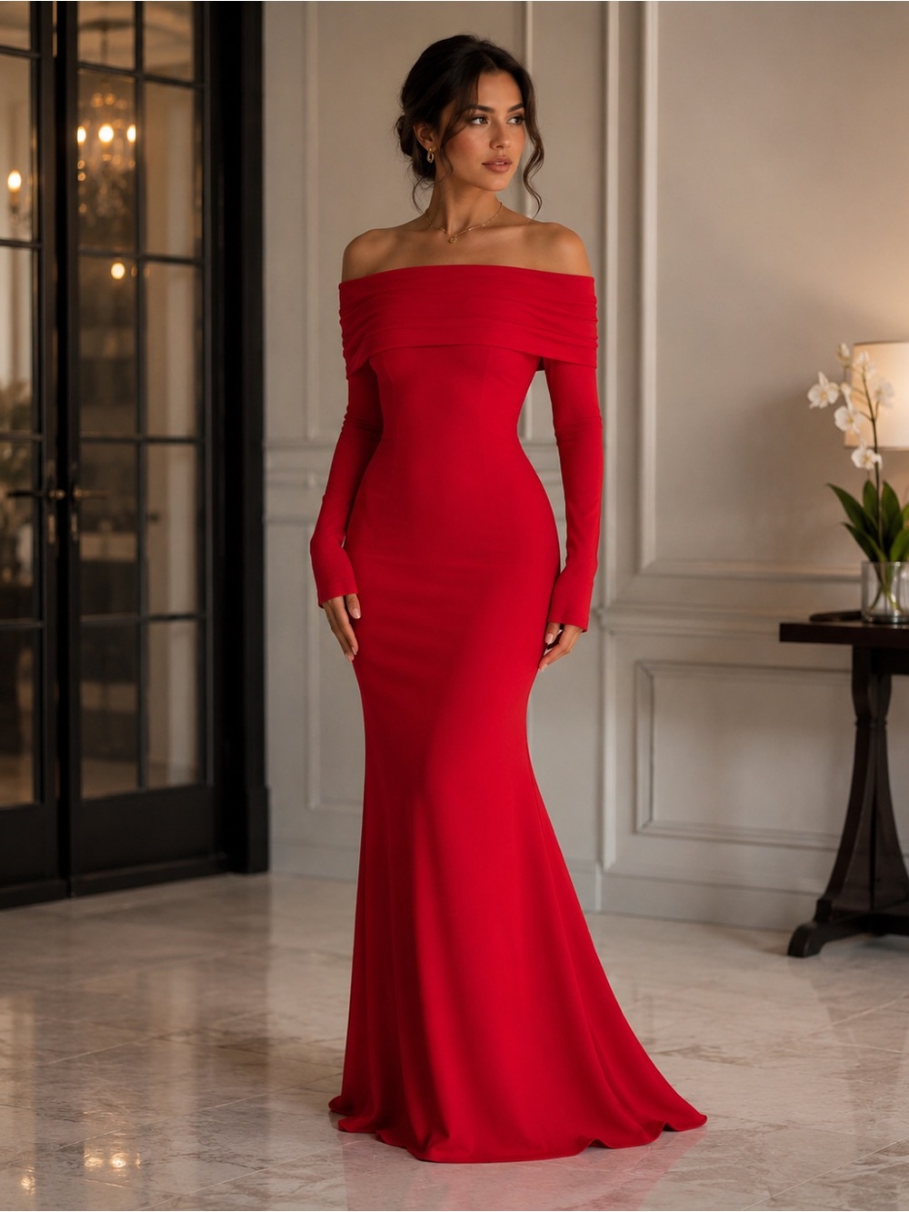 NEW - Red Off Shoulder Mermaid Maxi Dress Open‎ Back Elegant Gown